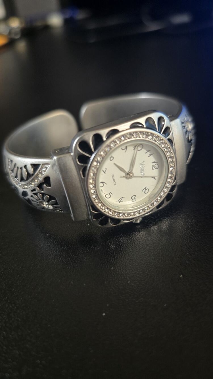 Vivani Ladies Crystal Floral Engraved Cuff Bangle Quartz Watch